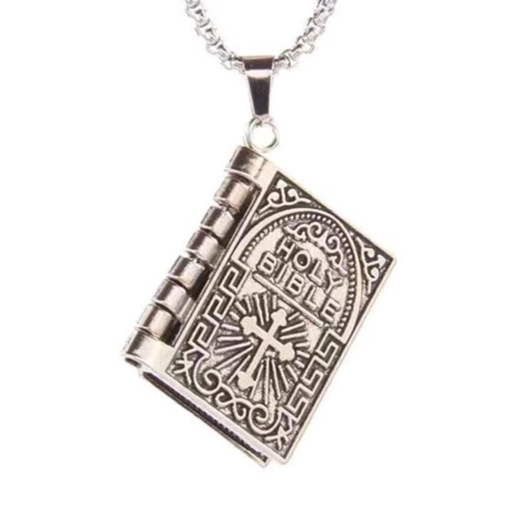 Bible Necklace 4 Pages Turnable Lords Prayer Pages 27” Block Chain Silver Tone - Picture 5 of 16